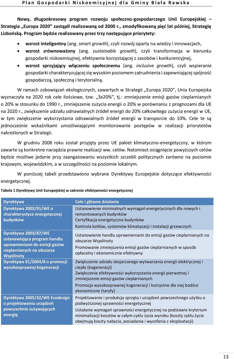 sustainable growth), czyli transformacja w kierunku gospodarki niskoemisyjnej, efektywnie korzystającej z zasobów i konkurencyjnej, wzrost sprzyjający włączeniu społecznemu (ang.