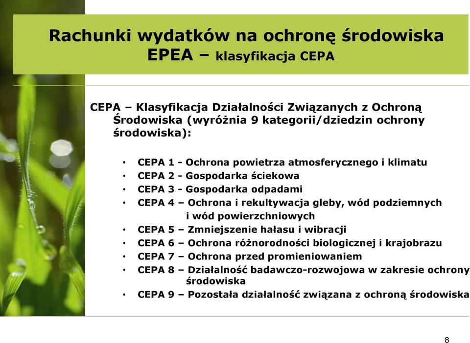 4 Ochrona i rekultywacja gleby, wód podziemnych i wód powierzchniowych CEPA 5 Zmniejszenie hałasu i wibracji CEPA 6 Ochrona różnorodności biologicznej i