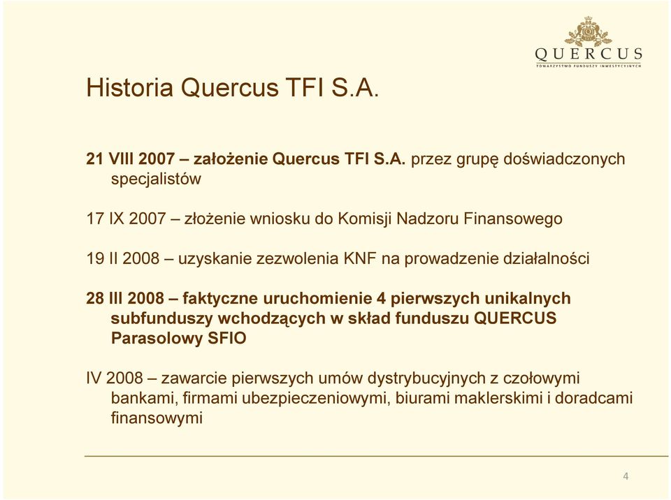 przez grupę doświadczonych specjalistów 17 IX 2007 złożenie wniosku do Komisji Nadzoru Finansowego 19 II 2008 uzyskanie