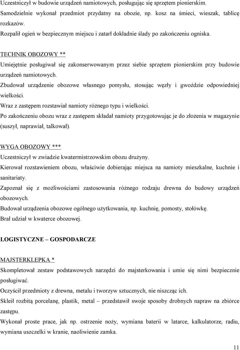 TECHNIK OBOZOWY ** Umiejętnie posługiwał się zakonserwowanym przez siebie sprzętem pionierskim przy budowie urządzeń namiotowych.