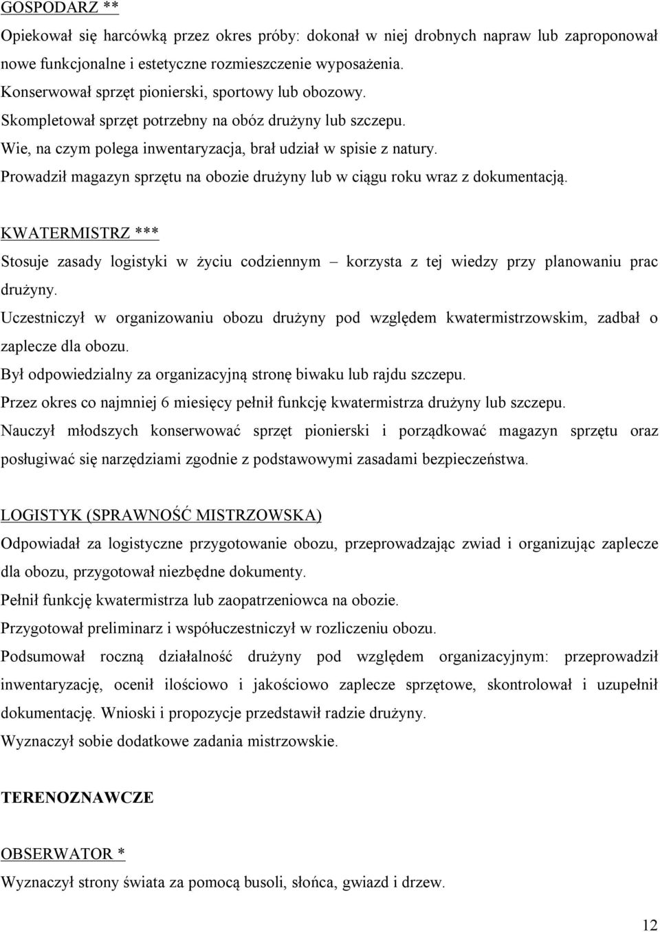 Prowadził magazyn sprzętu na obozie drużyny lub w ciągu roku wraz z dokumentacją. KWATERMISTRZ *** Stosuje zasady logistyki w życiu codziennym korzysta z tej wiedzy przy planowaniu prac drużyny.