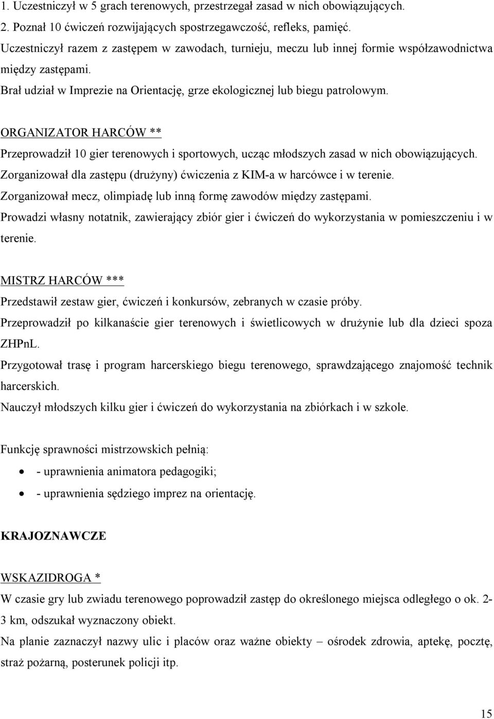 ORGANIZATOR HARCÓW ** Przeprowadził 10 gier terenowych i sportowych, ucząc młodszych zasad w nich obowiązujących. Zorganizował dla zastępu (drużyny) ćwiczenia z KIM-a w harcówce i w terenie.