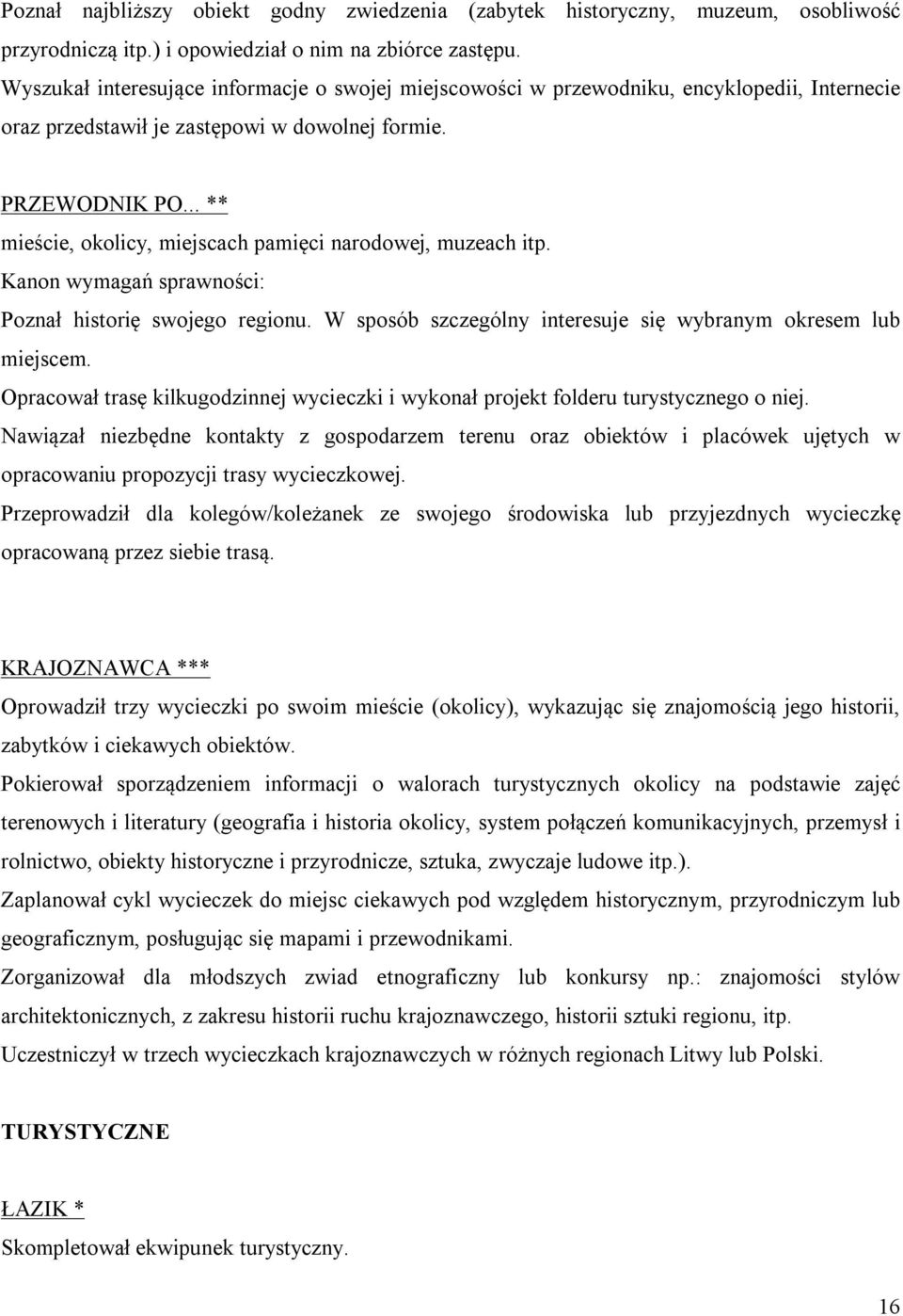 .. ** mieście, okolicy, miejscach pamięci narodowej, muzeach itp. Kanon wymagań sprawności: Poznał historię swojego regionu. W sposób szczególny interesuje się wybranym okresem lub miejscem.