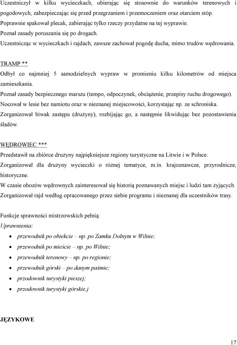 Uczestnicząc w wycieczkach i rajdach, zawsze zachował pogodę ducha, mimo trudów wędrowania. TRAMP ** Odbył co najmniej 5 samodzielnych wypraw w promieniu kilku kilometrów od miejsca zamieszkania.