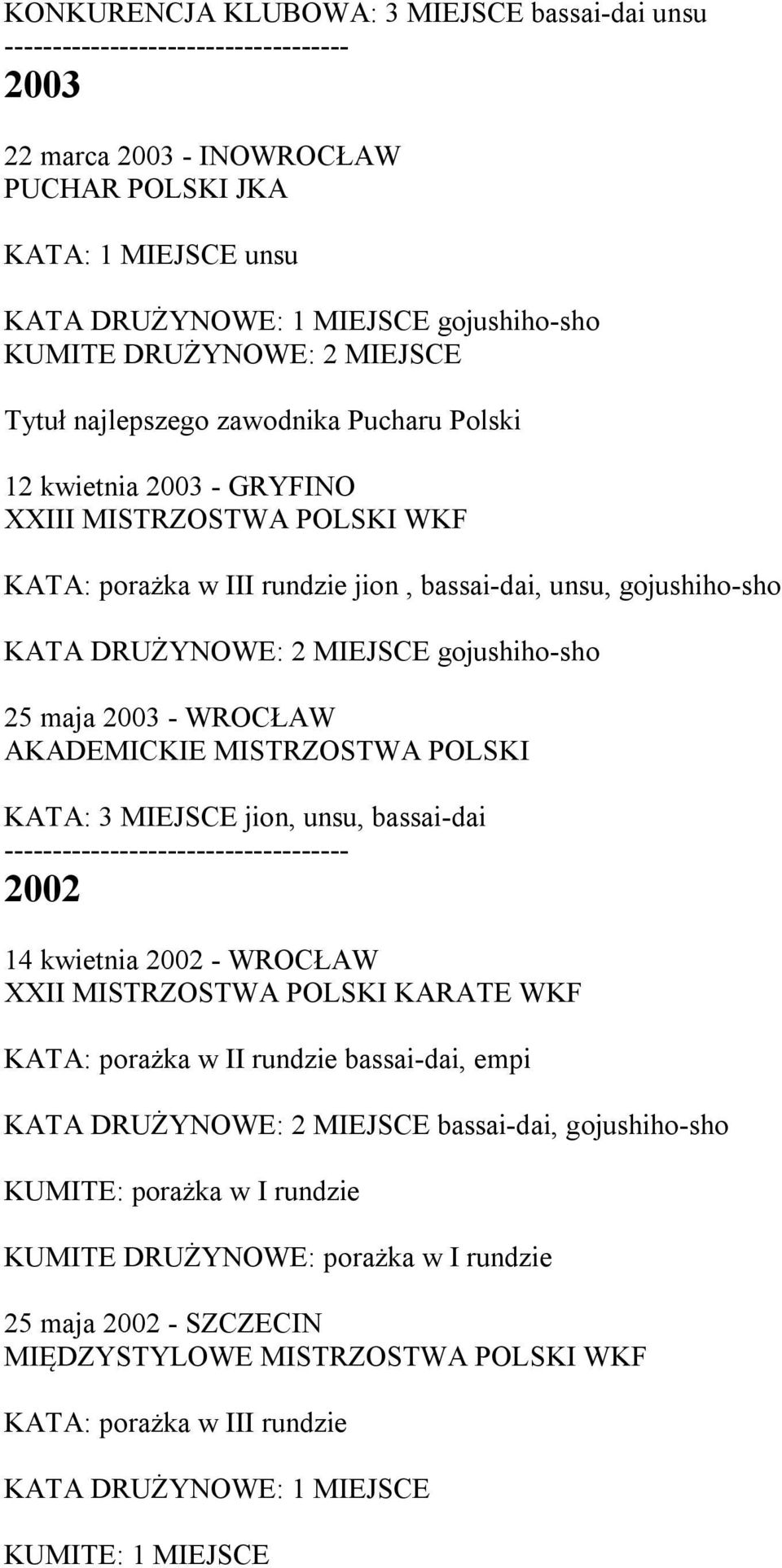 25 maja 2003 - WROCŁAW AKADEMICKIE MISTRZOSTWA POLSKI KATA: 3 MIEJSCE jion, unsu, bassai-dai 2002 14 kwietnia 2002 - WROCŁAW XXII MISTRZOSTWA POLSKI KARATE WKF KATA: porażka w II rundzie bassai-dai,