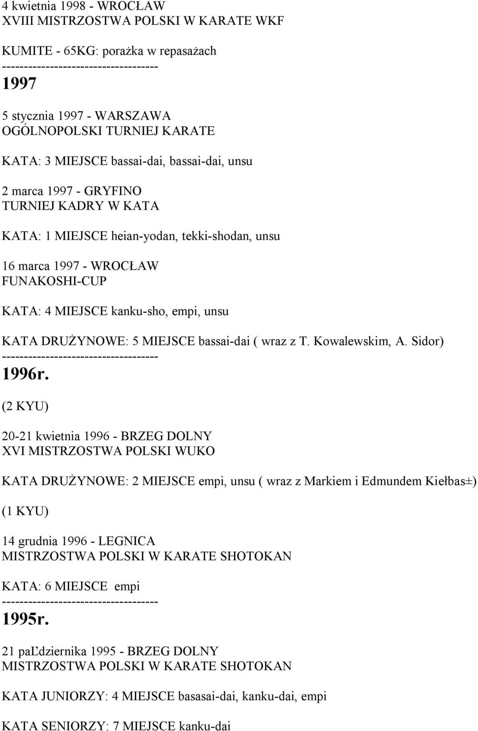 DRUŻYNOWE: 5 MIEJSCE bassai-dai ( wraz z T. Kowalewskim, A. Sidor) 1996r.