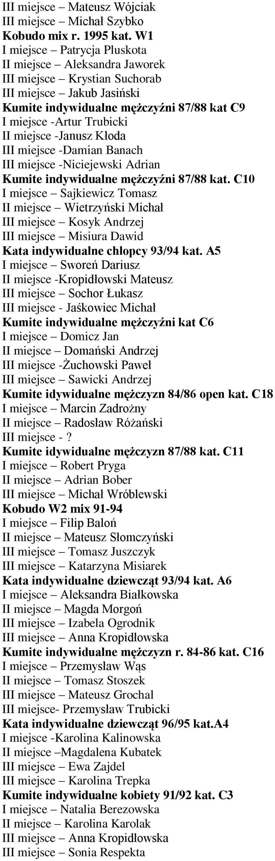 -Janusz Kłoda III miejsce -Damian Banach III miejsce -Niciejewski Adrian Kumite indywidualne mężczyźni 87/88 kat.