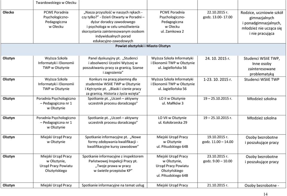 Poradnia Psychologiczno- Pedagogiczna w Olecku ul. Zamkowa 2 godz. 13.00-17.