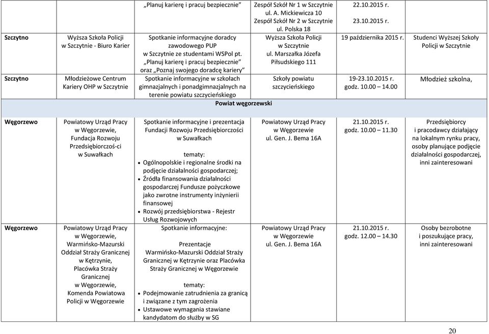 Mickiewicza 10 Zespół Szkół Nr 2 w Szczytnie ul. Polska 18 Wyższa Szkoła Policji w Szczytnie ul. Marszałka Józefa Piłsudskiego 111 Szkoły powiatu szczycieńskiego 19 października 2015 r.