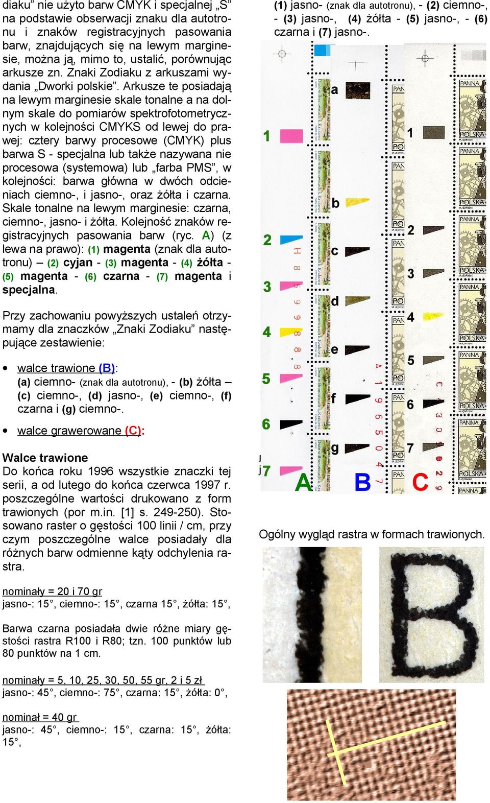 Arkusze te posiadają na lewym marginesie skale tonalne a na dolnym skale do pomiarów spektrofotometrycznych w kolejności CMYKS od lewej do prawej: cztery barwy procesowe (CMYK) plus barwa S -