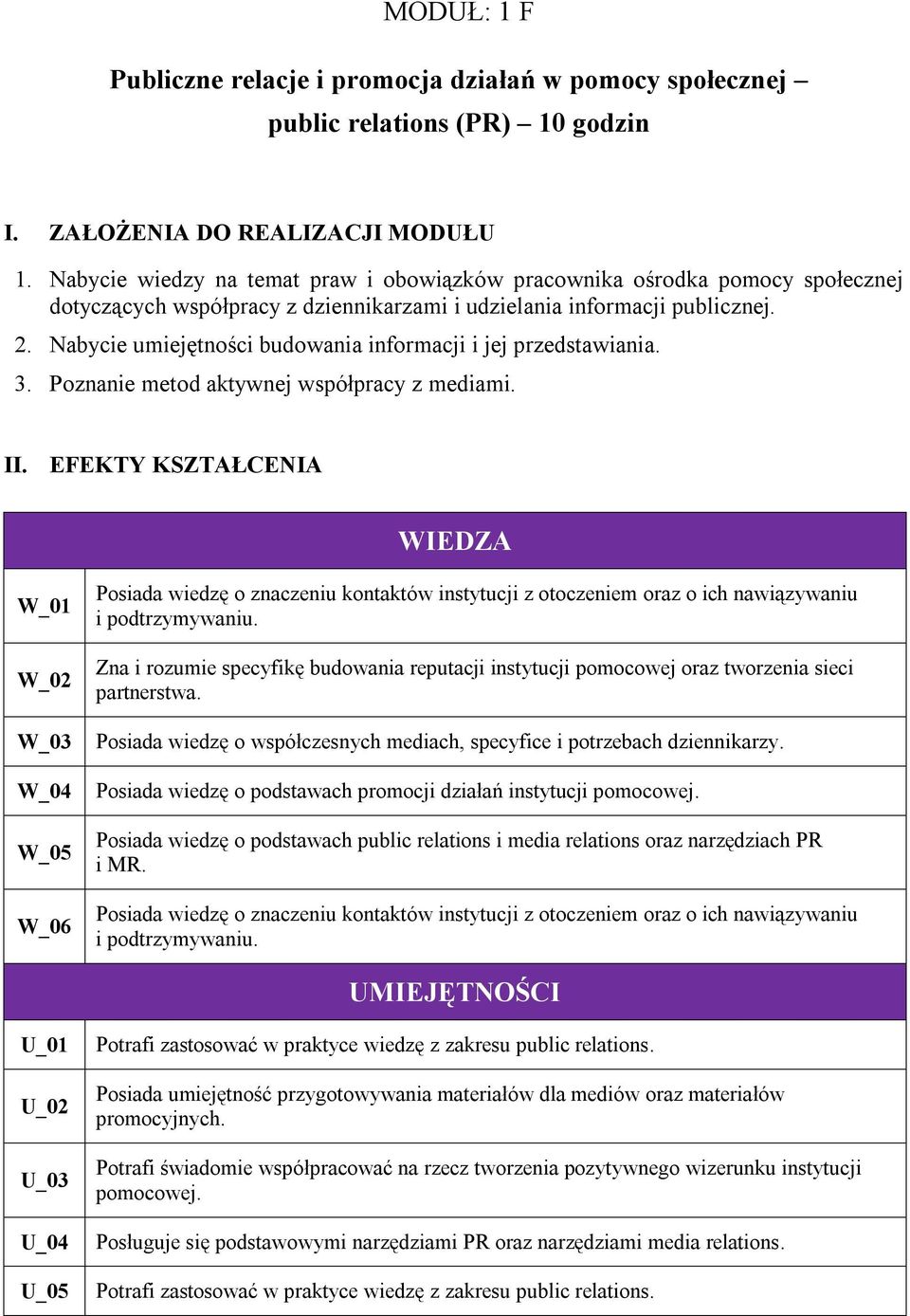 Nabycie umiejętności budowania informacji i jej przedstawiania. 3. Poznanie metod aktywnej współpracy z mediami. II.