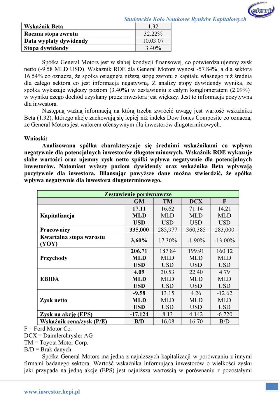 Z analizy stopy dywidendy wynika, że spółka wykazuje większy poziom (3.40%) w zestawieniu z całym konglomeratem (2.09%) w wyniku czego dochód uzyskany przez inwestora jest większy.