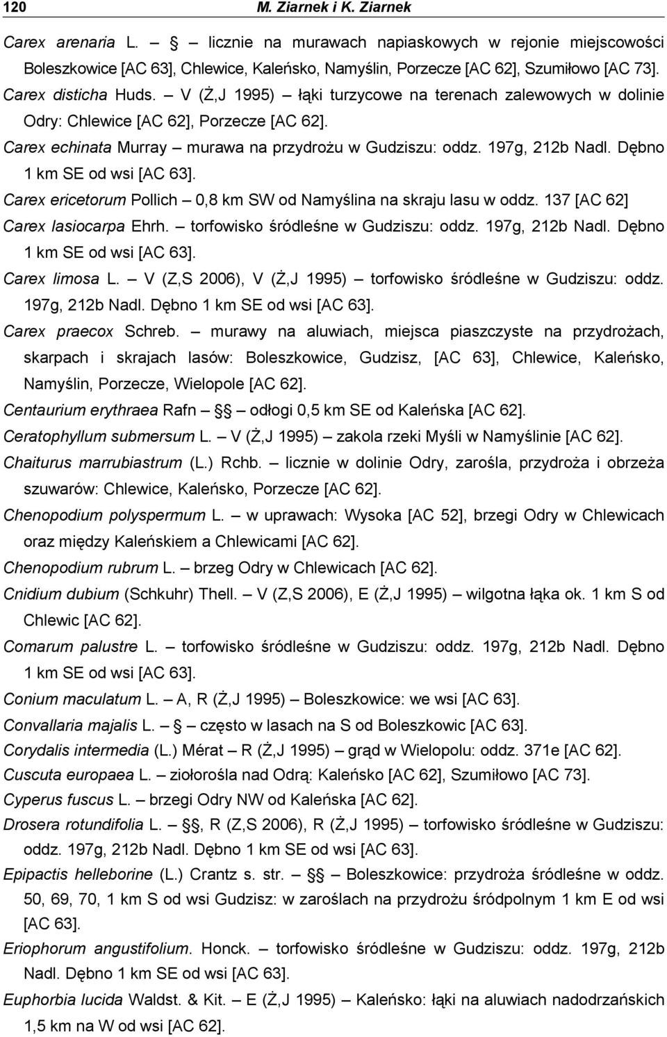 Dębno 1 km SE od wsi [AC 63]. Carex ericetorum Pollich 0,8 km SW od Namyślina na skraju lasu w oddz. 137 [AC 62] Carex lasiocarpa Ehrh. torfowisko śródleśne w Gudziszu: oddz. 197g, 212b Nadl.