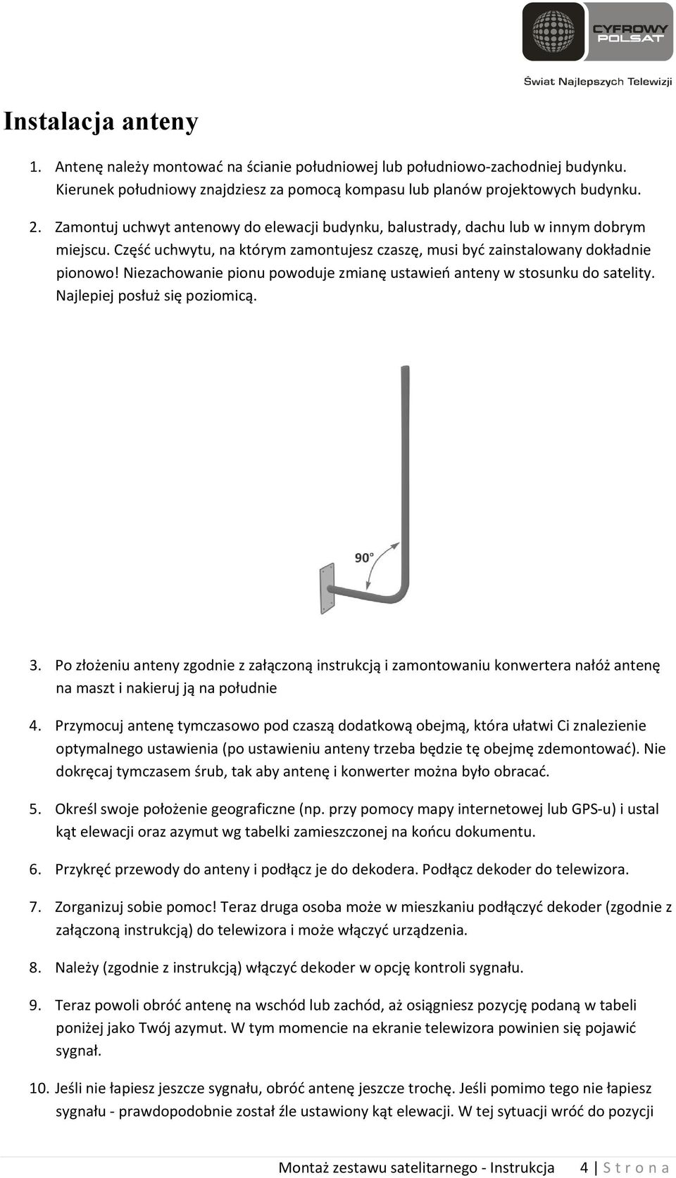 Niezachowanie pionu powoduje zmianę ustawień anteny w stosunku do satelity. Najlepiej posłuż się poziomicą. 3.