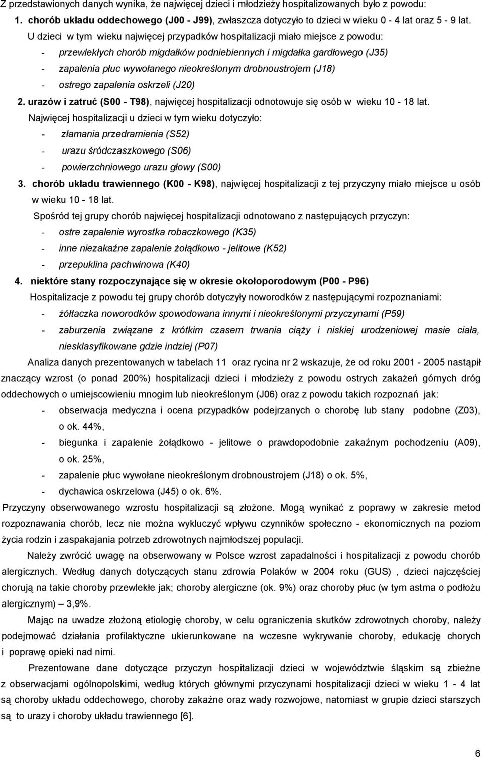 drobnoustrojem (J18) - ostrego zapalenia oskrzeli (J20) 2. urazów i zatruć (S00 - T98), najwięcej hospitalizacji odnotowuje się osób w wieku 10-18 lat.