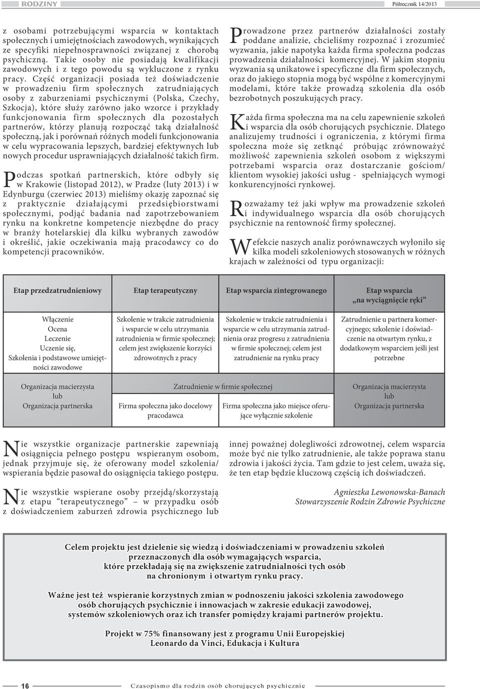 Część organizacji posiada też doświadczenie w prowadzeniu firm społecznych zatrudniających osoby z zaburzeniami psychicznymi (Polska, Czechy, Szkocja), które służy zarówno jako wzorce i przykłady