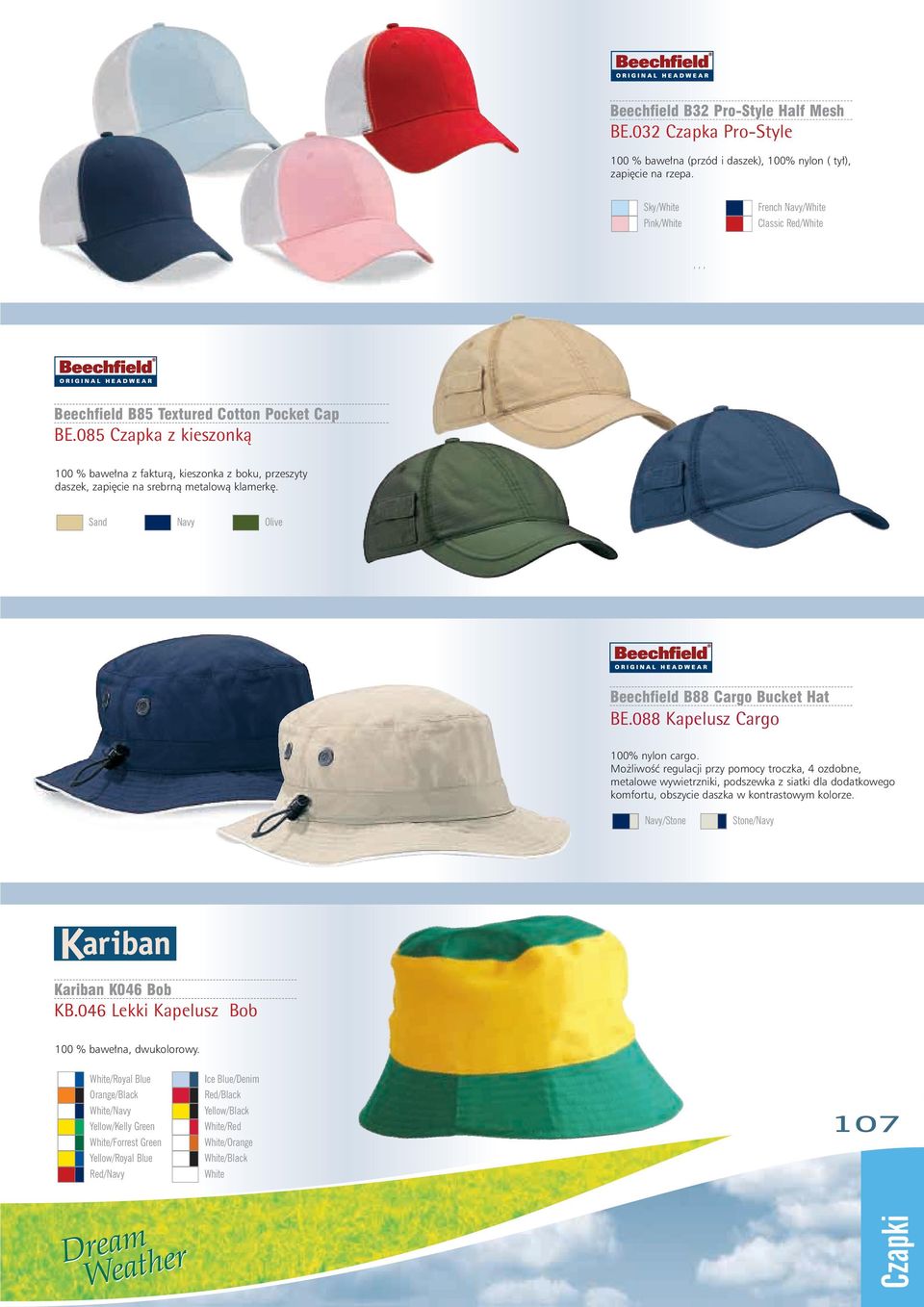 085 Czapka z kieszonkà 100 % bawe na z fakturà, kieszonka z boku, przeszyty daszek, zapi cie na srebrnà metalowà klamerk. Sand Navy Olive Beechfield B88 Cargo Bucket Hat BE.