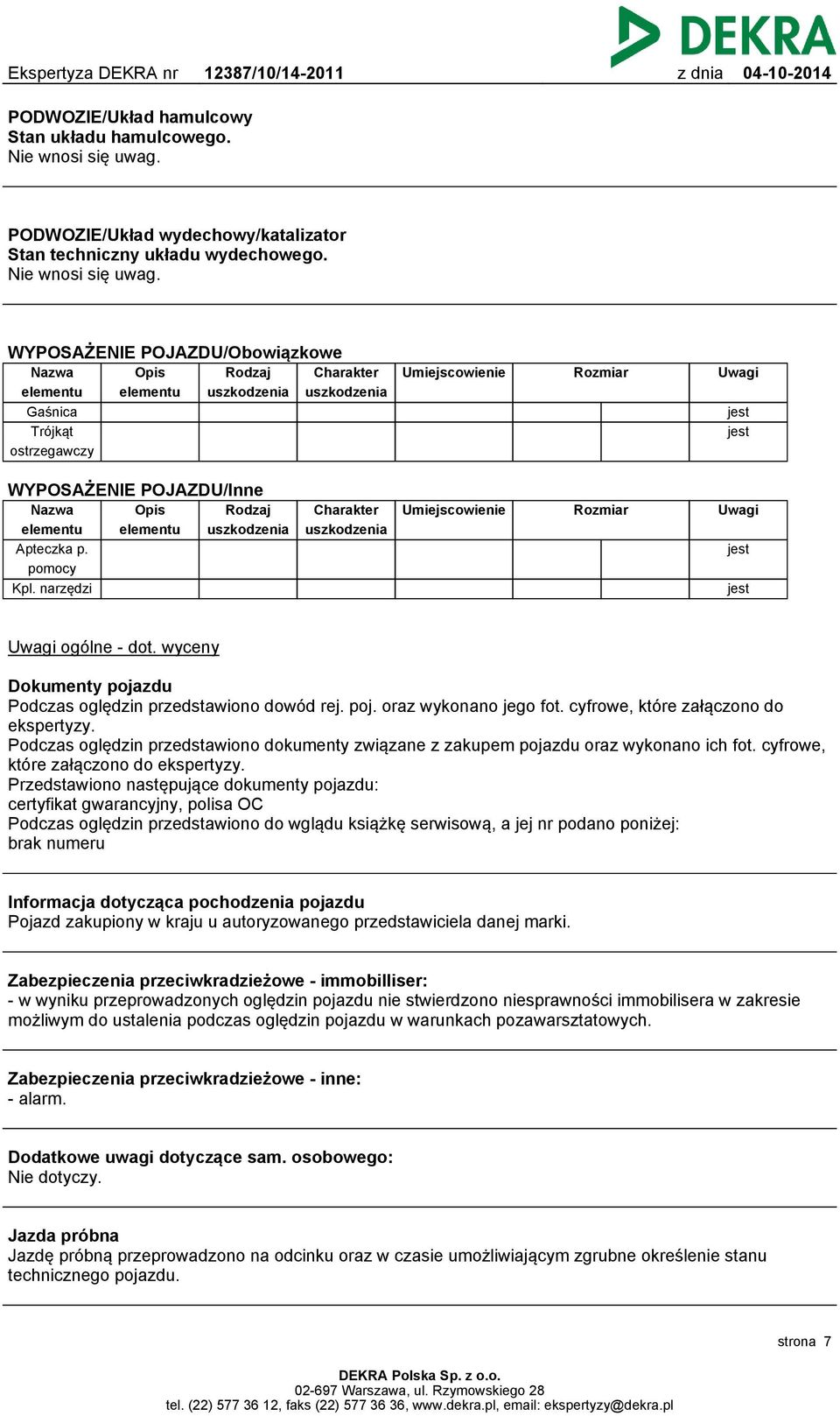 WYPOSAŻENIE POJAZDU/Obowiązkowe Nazwa elementu Gaśnica Trójkąt ostrzegawczy Opis elementu Rodzaj uszkodzenia Charakter uszkodzenia Umiejscowienie Rozmiar Uwagi jest jest WYPOSAŻENIE POJAZDU/Inne