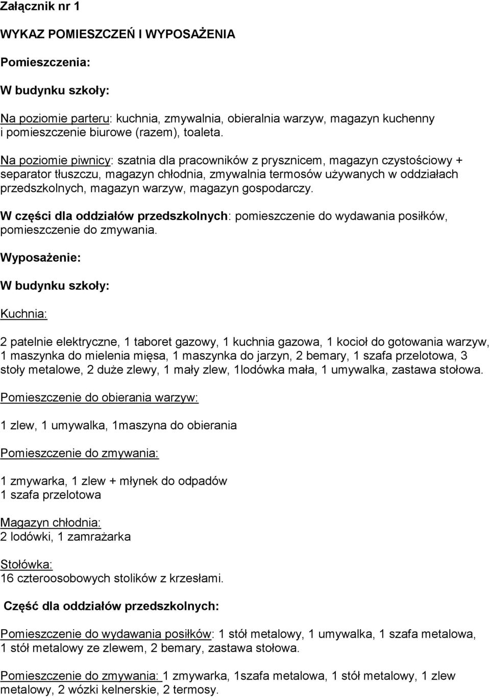 magazyn gospodarczy. W części dla oddziałów przedszkolnych: pomieszczenie do wydawania posiłków, pomieszczenie do zmywania.