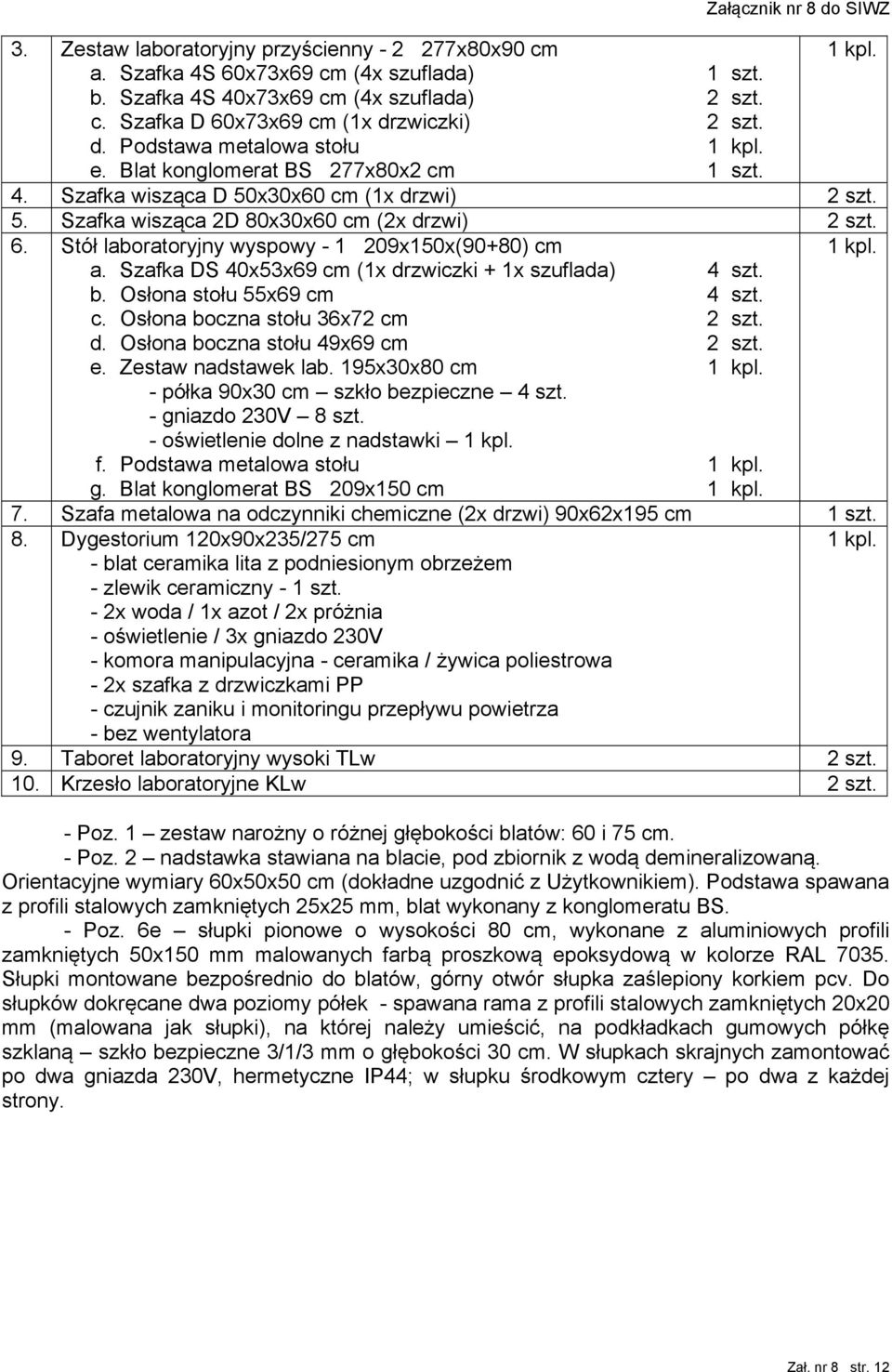 Stół laboratoryjny wyspowy - 1 209x150x(90+80) cm a. Szafka DS 40x53x69 cm (1x drzwiczki + 1x szuflada) 4 szt. b. Osłona stołu 55x69 cm 4 szt. c. Osłona boczna stołu 36x72 cm 2 szt. d. Osłona boczna stołu 49x69 cm 2 szt.