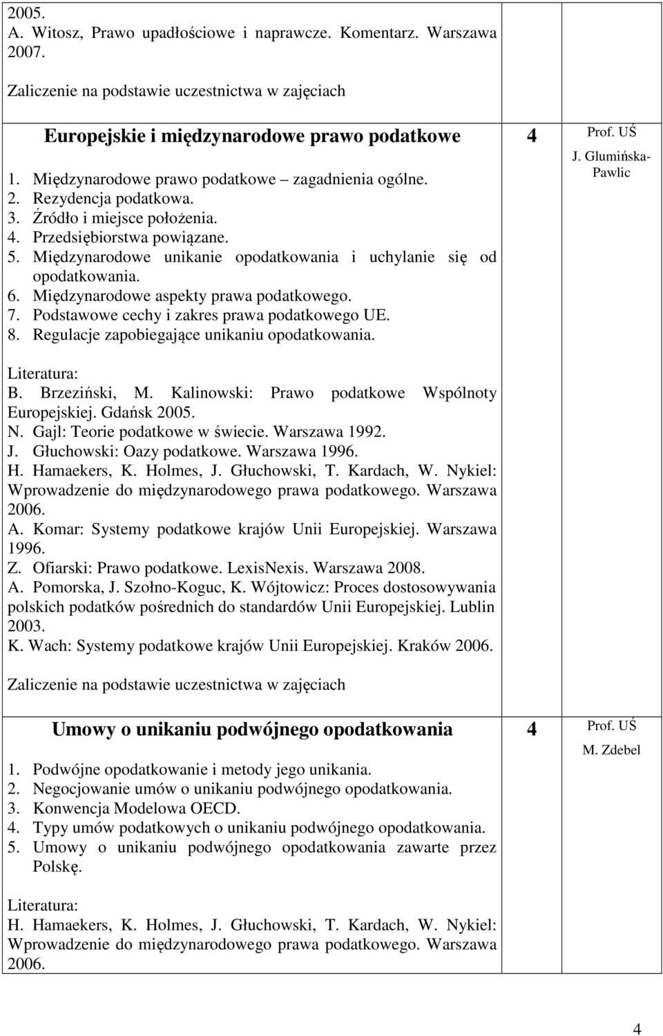 Podstawowe cechy i zakres prawa podatkowego UE. 8. Regulacje zapobiegające unikaniu opodatkowania. 4 Prof. UŚ B. Brzeziński, M. Kalinowski: Prawo podatkowe Wspólnoty Europejskiej. Gdańsk 2005. N.