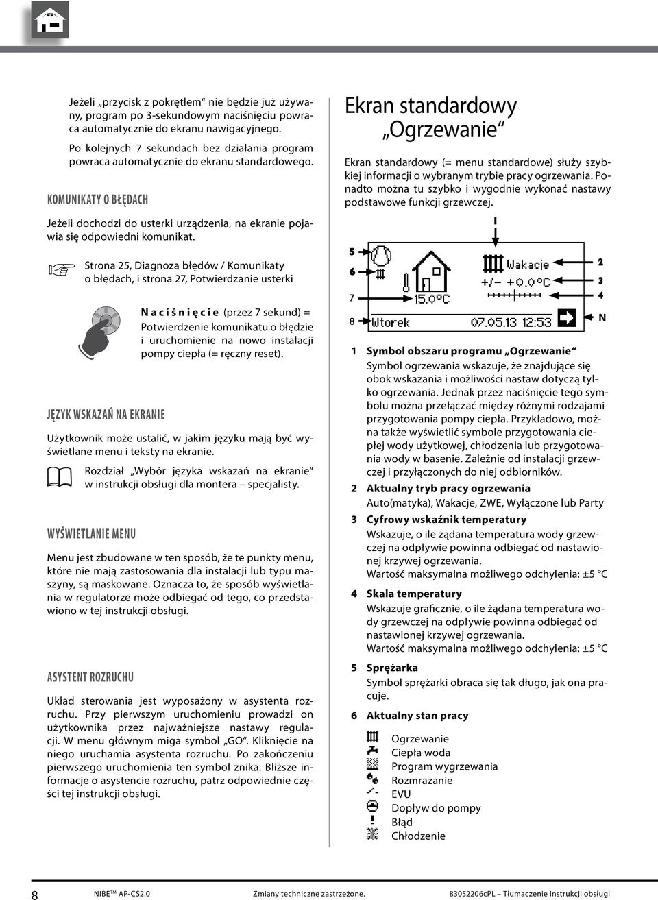 Komunikaty o błędach Ekran standardowy Ogrzewanie Ekran standardowy (= menu standardowe) służy szybkiej informacji o wybranym trybie pracy ogrzewania.