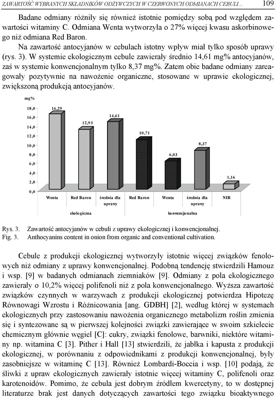 W systemie ekologicznym cebule zawierały średnio 14,61 mg% antocyjanów, zaś w systemie konwencjonalnym tylko 8,37 mg%.