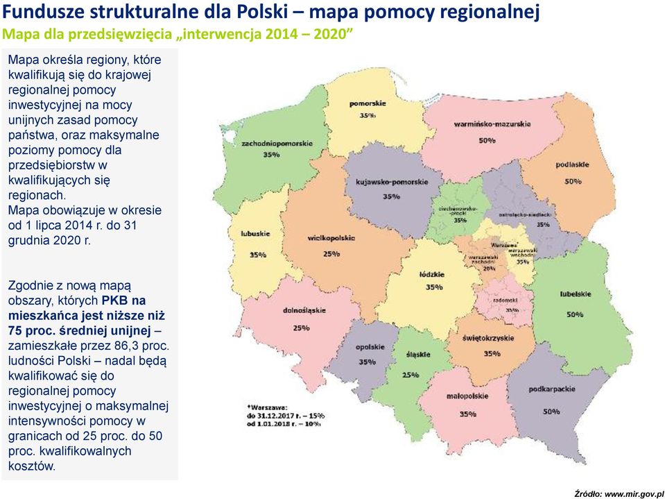 Mapa obowiązuje w okresie od 1 lipca 2014 r. do 31 grudnia 2020 r. Zgodnie z nową mapą obszary, których PKB na mieszkańca jest niższe niż 75 proc.