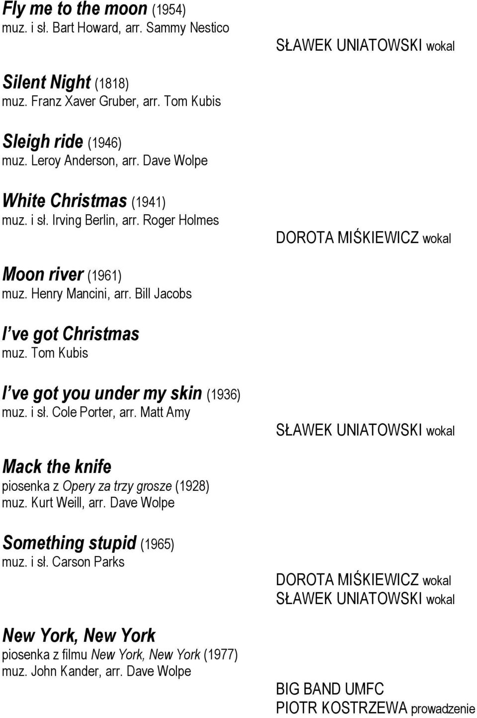 Tom Kubis I ve got you under my skin (1936) muz. i sł. Cole Porter, arr. Matt Amy Mack the knife piosenka z Opery za trzy grosze (1928) muz. Kurt Weill, arr.