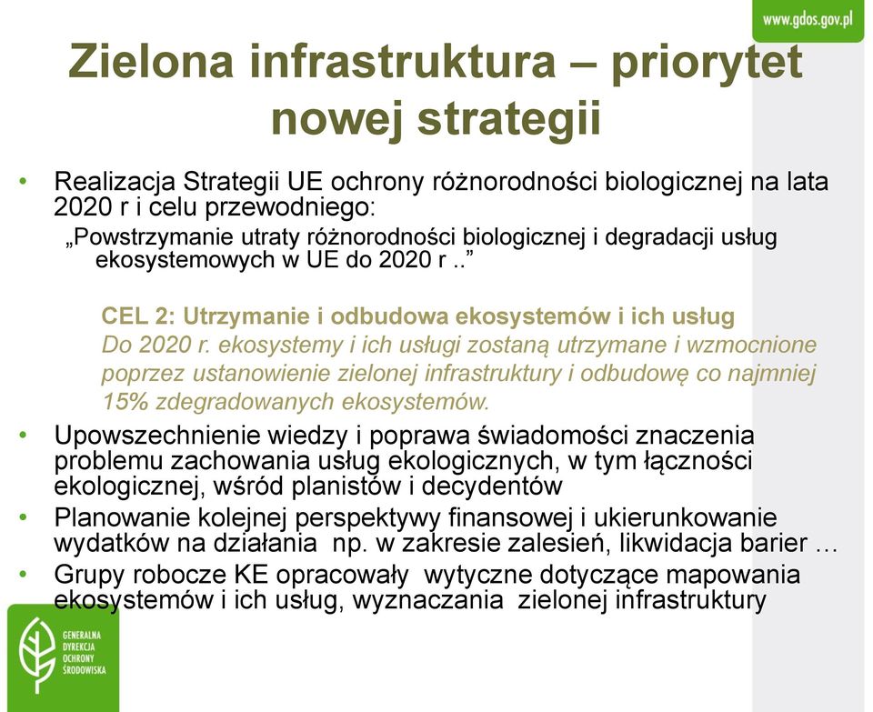 ekosystemy i ich usługi zostaną utrzymane i wzmocnione poprzez ustanowienie zielonej infrastruktury i odbudowę co najmniej 15% zdegradowanych ekosystemów.