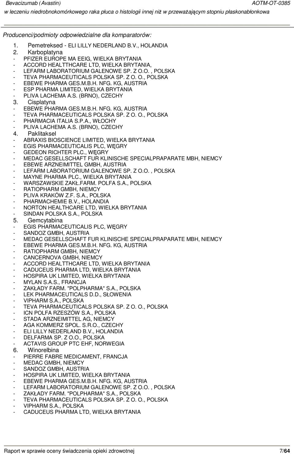 M.B.H. NFG. KG, AUSTRIA - ESP PHARMA LIMITED, WIELKA BRYTANIA - PLIVA LACHEMA A.S. (BRNO), CZECHY 3. Cisplatyna - EBEWE PHARMA GES.M.B.H. NFG. KG, AUSTRIA - TEVA PHARMACEUTICALS POLSKA SP. Z O.