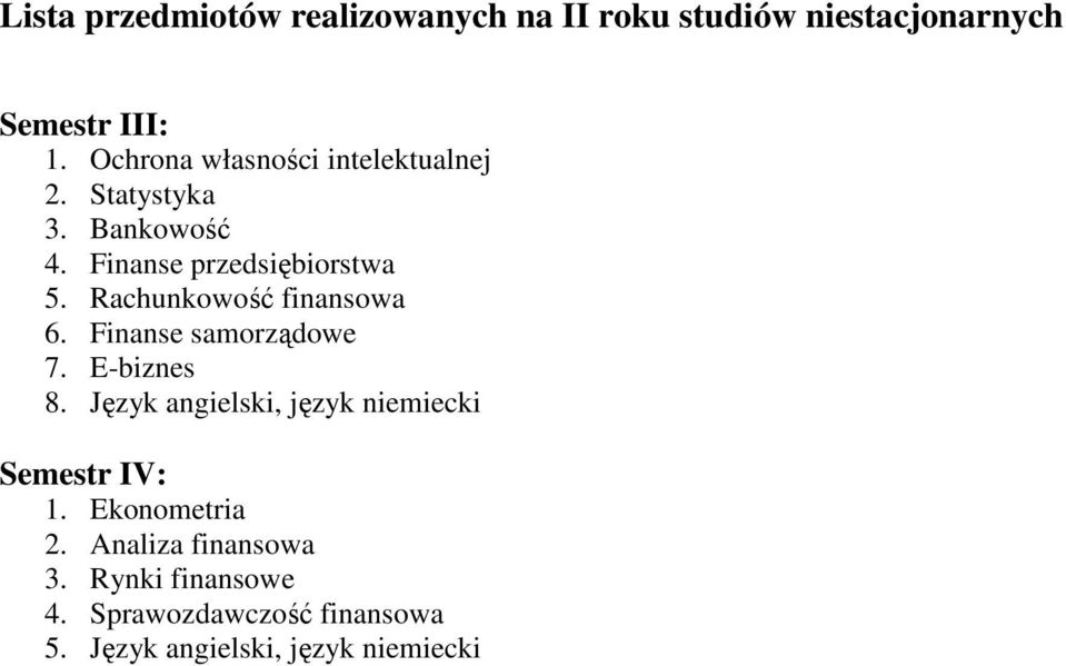 Rachunkowość finansowa 6. Finanse samorządowe 7. E-biznes 8.