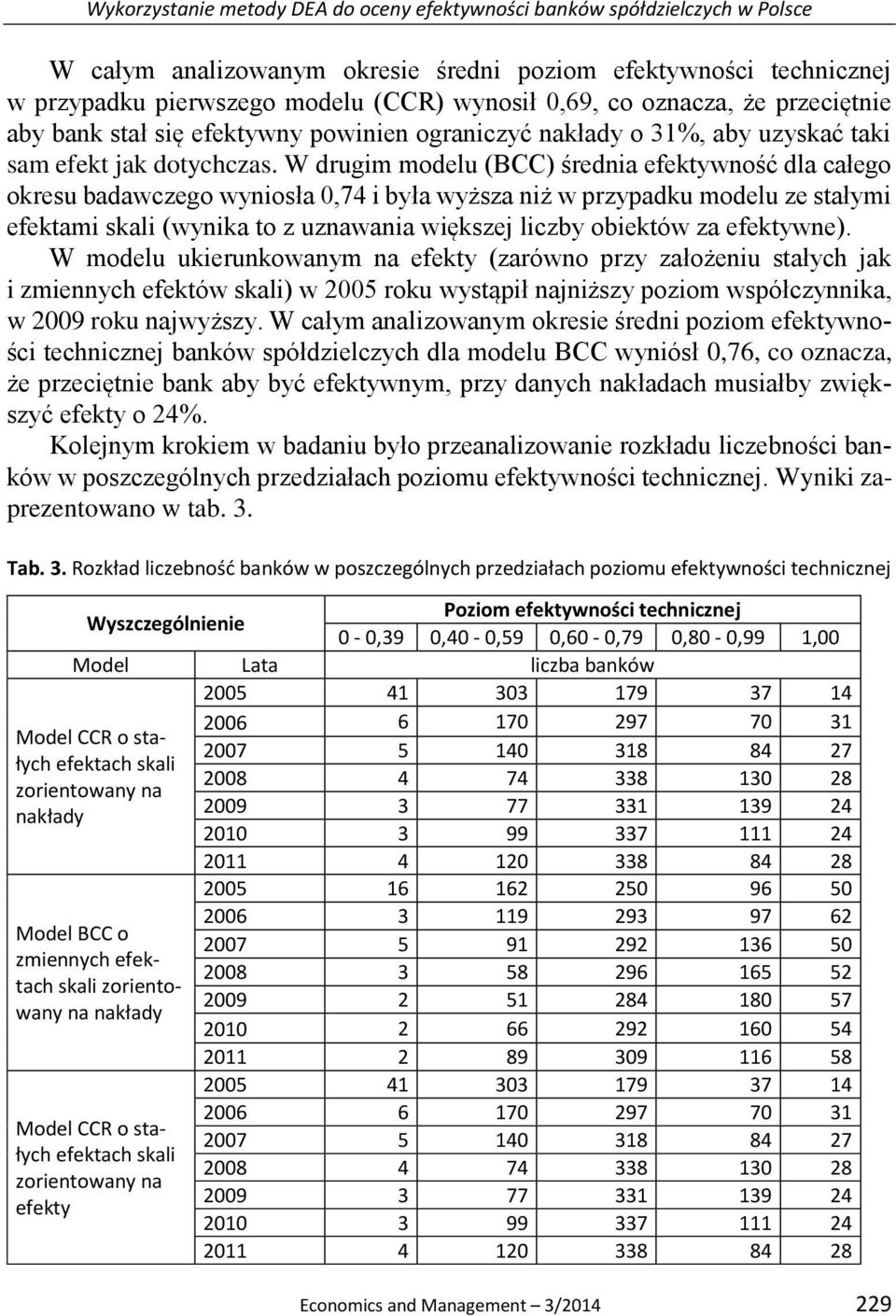 W drugim modelu (BCC) średnia efektywność dla całego okresu badawczego wyniosła 0,74 i była wyższa niż w przypadku modelu ze stałymi efektami skali (wynika to z uznawania większej liczby obiektów za