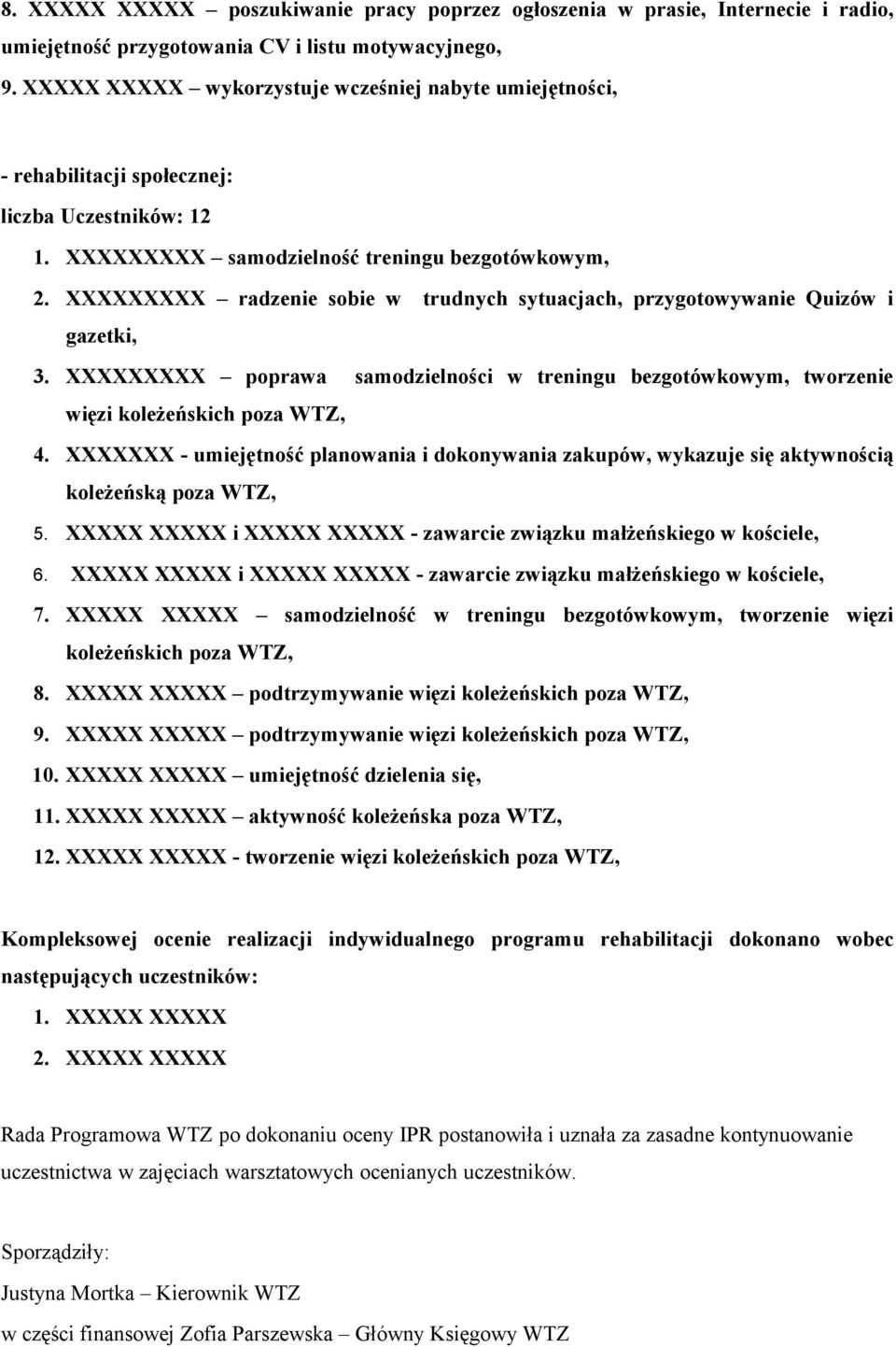 XXXXXXXXX radzenie sobie w trudnych sytuacjach, przygotowywanie Quizów i gazetki, 3. XXXXXXXXX poprawa samodzielności w treningu bezgotówkowym, tworzenie więzi koleżeńskich poza WTZ, 4.