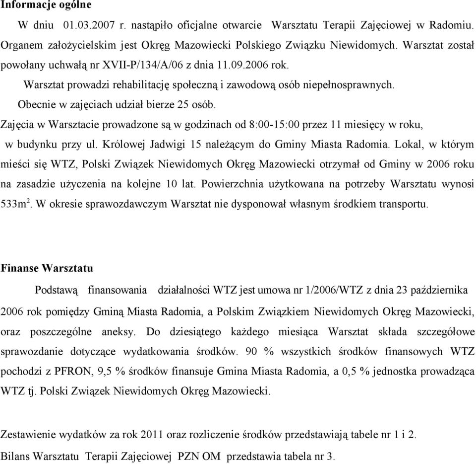 Zajęcia w Warsztacie prowadzone są w godzinach od 8:00-15:00 przez 11 miesięcy w roku, w budynku przy ul. Królowej Jadwigi 15 należącym do Gminy Miasta Radomia.