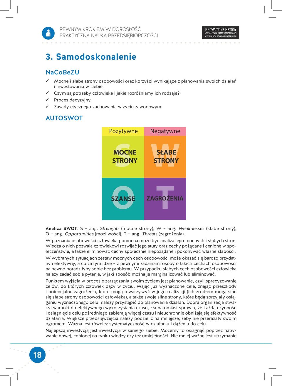 Proces decyzyjny. Zasady etycznego zachowania w życiu zawodowym. AUTOSWOT Pozytywne Negatywne S W MOCNE STRONY SŁABE STRONY O T SZANSE ZAGROŻENIA Analiza SWOT: S ang. Strenghts (mocne strony), W ang.