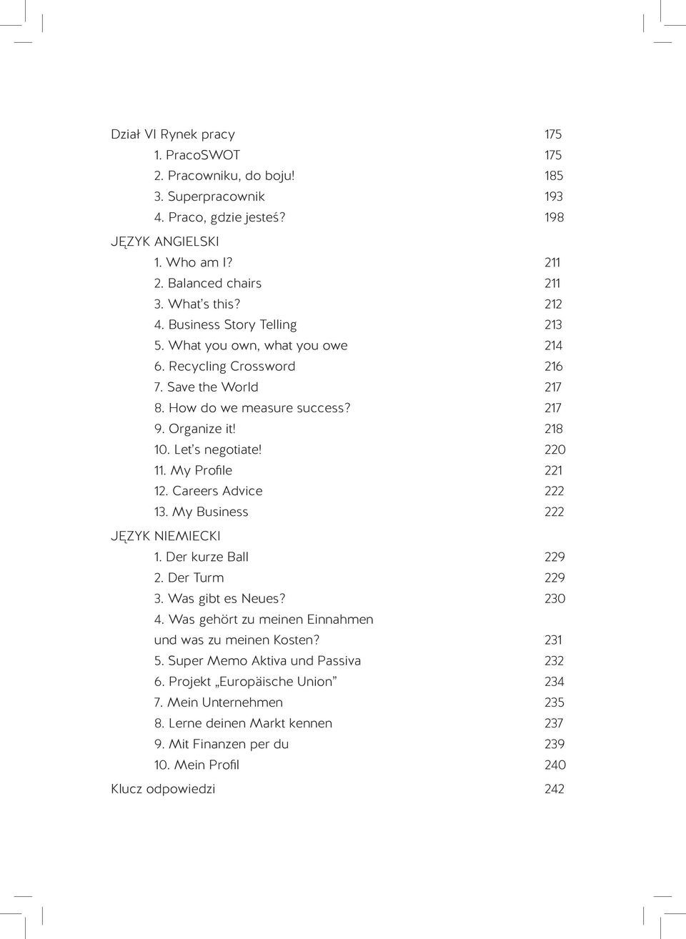 220 11. My Profile 221 12. Careers Advice 222 13. My Business 222 JĘZYK NIEMIECKI 1. Der kurze Ball 229 2. Der Turm 229 3. Was gibt es Neues? 230 4.