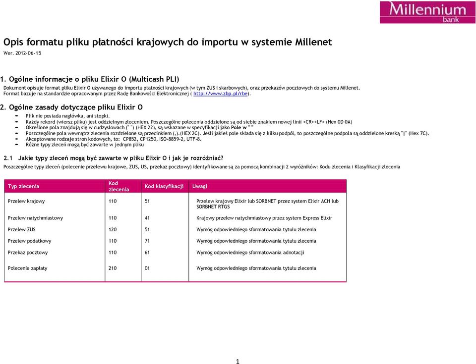 Millenet. Format bazuje na standardzie opracowanym przez Radę Bankowości Elektronicznej ( http://www.zbp.pl/rbe). 2. Ogólne zasady dotyczące pliku Elixir O Plik nie posiada nagłówka, ani stopki.