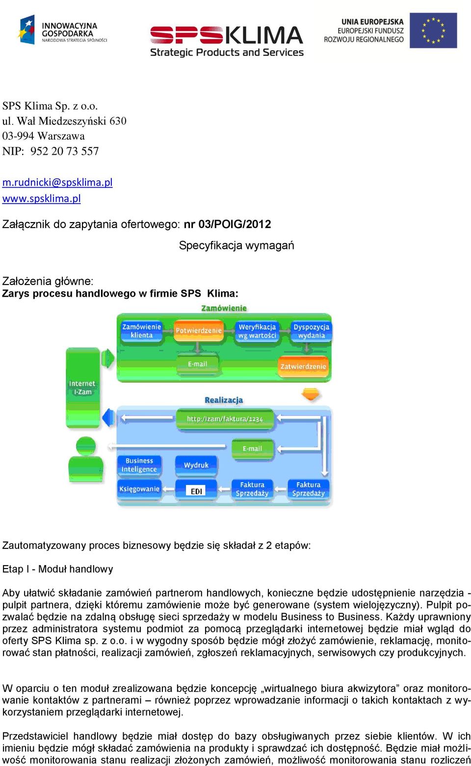 pl Załącznik do zapytania ofertowego: nr 03/POIG/2012 Specyfikacja wymagań Założenia główne: Zarys procesu handlowego w firmie SPS Klima: Zautomatyzowany proces biznesowy będzie się składał z 2