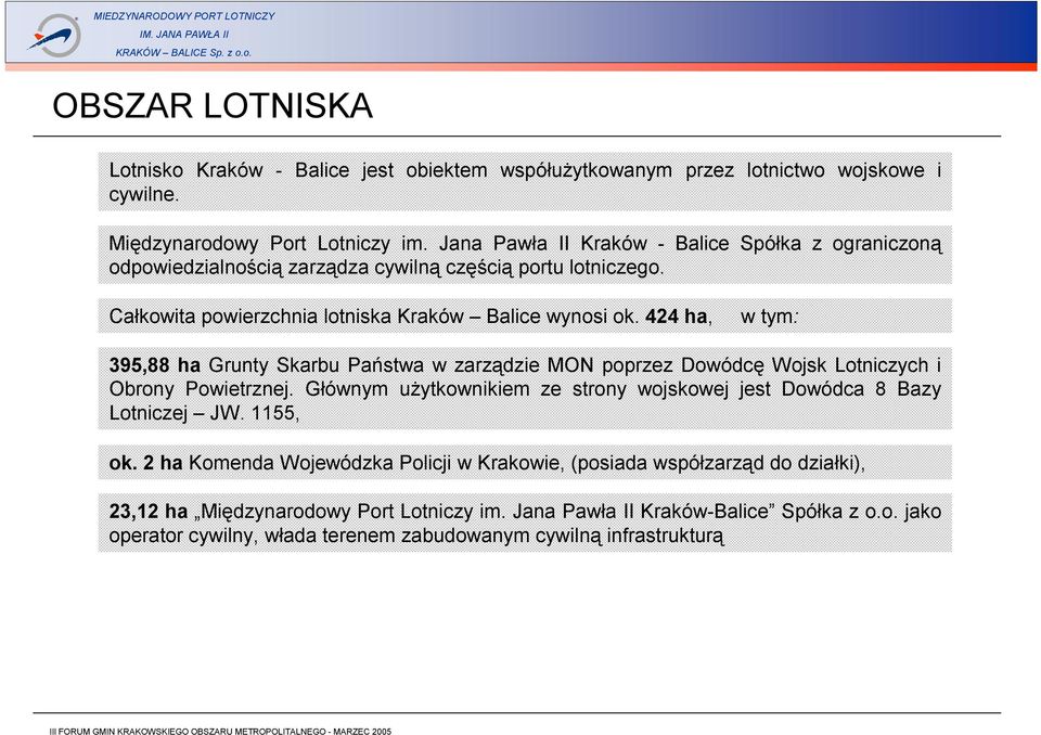 424 ha, w tym: 395,88 ha Grunty Skarbu Państwa w zarządzie MON poprzez Dowódcę Wojsk Lotniczych i Obrony Powietrznej.