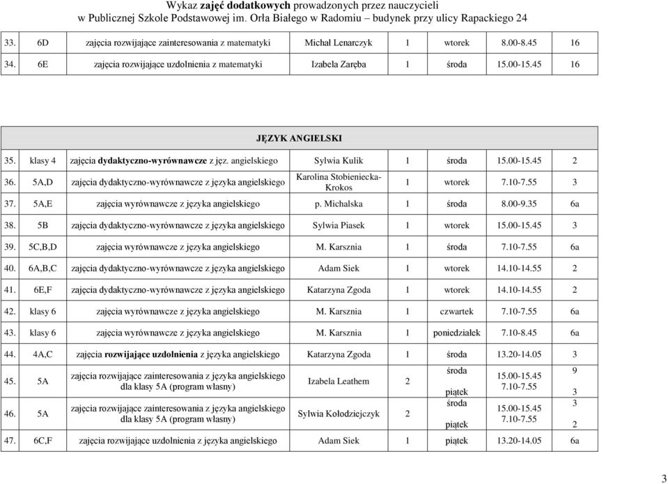 5A,D zajęcia dydaktyczno-wyrównawcze z języka angielskiego Karolina Stobieniecka- Krokos 1 wtorek 7.10-7.55 3 37. 5A,E zajęcia wyrównawcze z języka angielskiego p. Michalska 1 środa 8.00-9.35 6a 38.