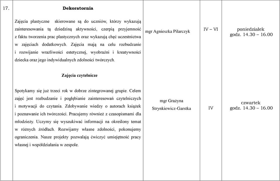 Zajęcia mają na celu rozbudzanie i rozwijanie wrażliwości estetycznej, wyobraźni i kreatywności dziecka oraz jego indywidualnych zdolności twórczych.