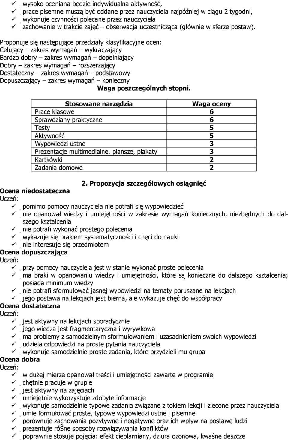 Proponuje się następujące przedziały klasyfikacyjne ocen: Celujący zakres wymagań wykraczający Bardzo dobry zakres wymagań dopełniający Dobry zakres wymagań rozszerzający Dostateczny zakres wymagań