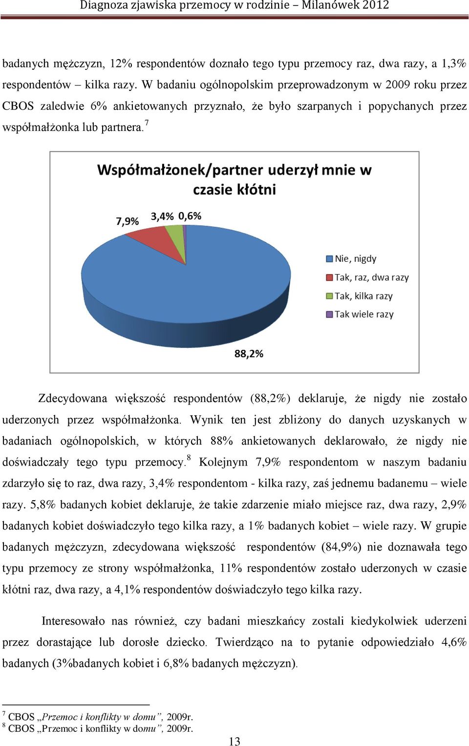 7 Zdecydowana większość respondentów (88,2%) deklaruje, że nigdy nie zostało uderzonych przez współmałżonka.