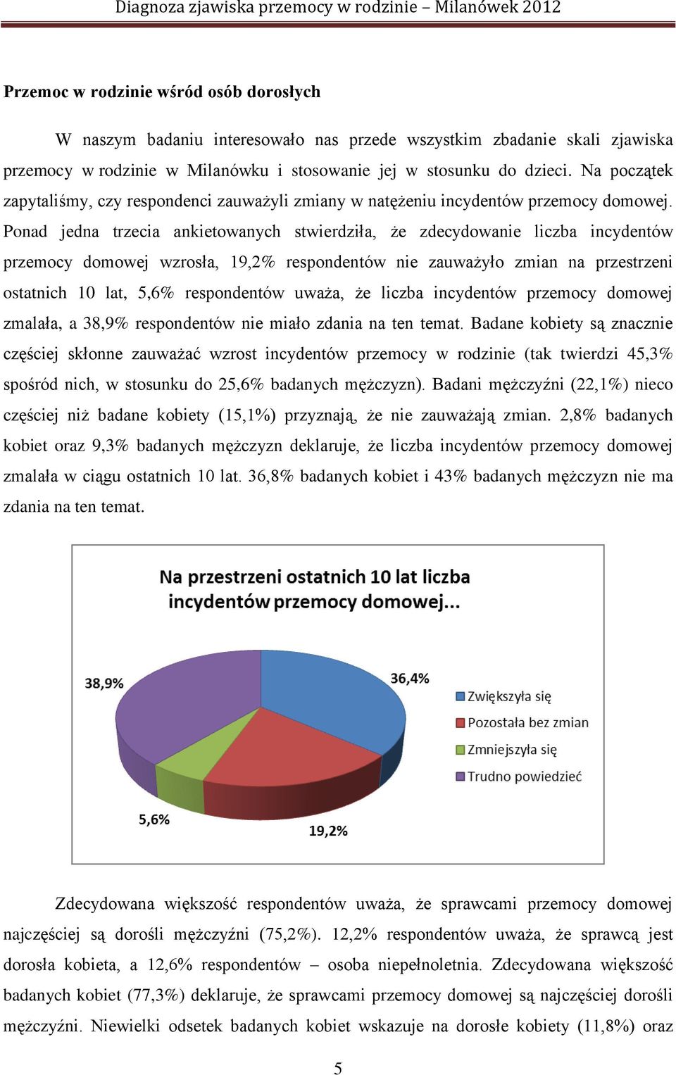 Ponad jedna trzecia ankietowanych stwierdziła, że zdecydowanie liczba incydentów przemocy domowej wzrosła, 19,2% respondentów nie zauważyło zmian na przestrzeni ostatnich 10 lat, 5,6% respondentów