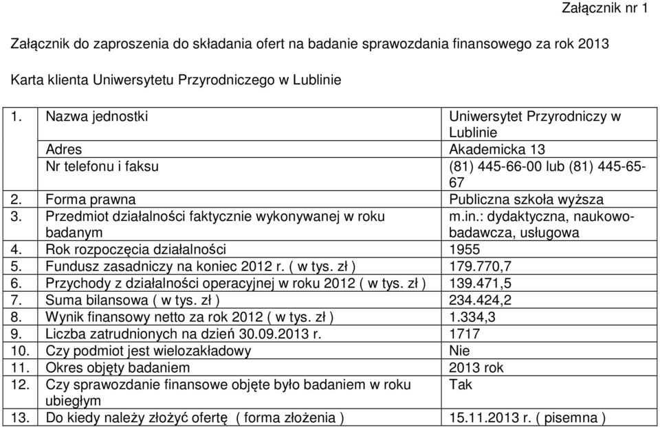 Przedmiot działalności faktycznie wykonywanej w roku badanym 4. Rok rozpoczęcia działalności 1955 5. Fundusz zasadniczy na koniec 2012 r. ( w tys. zł ) 179.770,7 6.