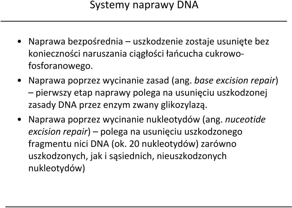 base excision repair) pierwszy etap naprawy polega na usunięciu uszkodzonej zasady DA przez enzym zwany glikozylazą.