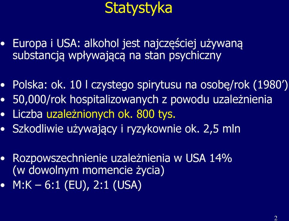 10 l czystego spirytusu na osobę/rok (1980 ) 50,000/rok hospitalizowanych z powodu uzależnienia