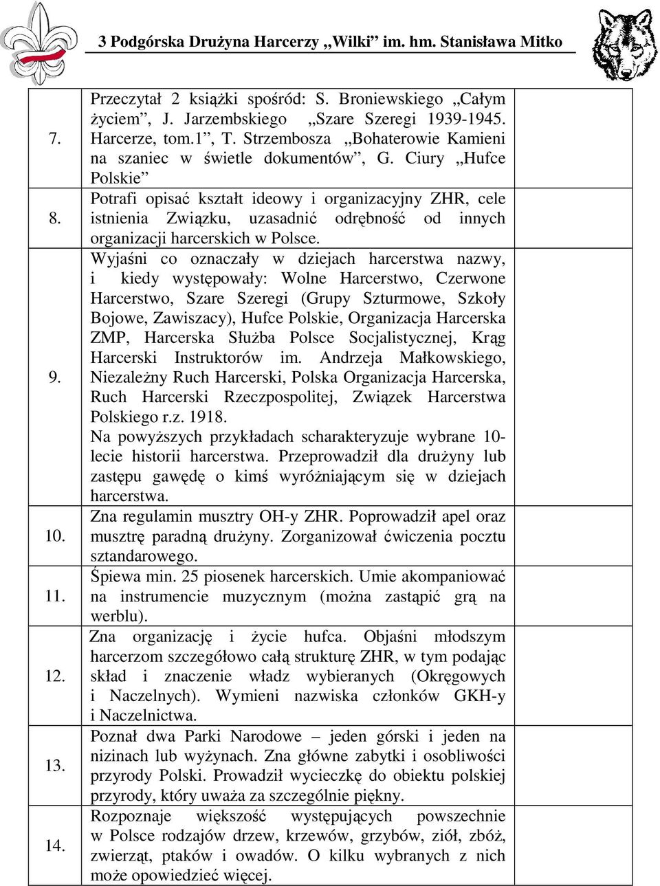 Ciury Hufce Polskie Potrafi opisać kształt ideowy i organizacyjny ZHR, cele istnienia Związku, uzasadnić odrębność od innych organizacji harcerskich w Polsce.