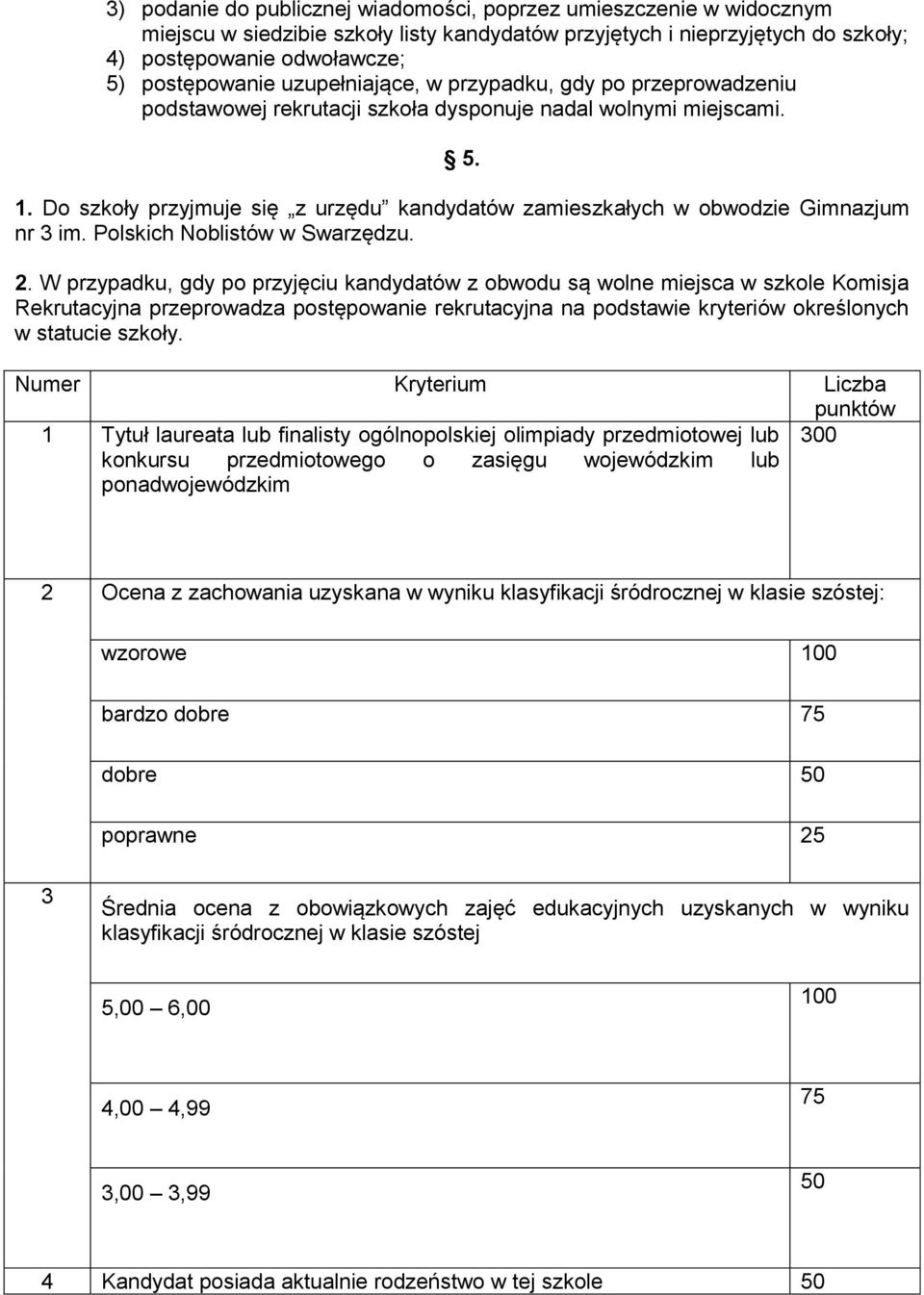 Do szkoły przyjmuje się z urzędu kandydatów zamieszkałych w obwodzie Gimnazjum nr 3 im. Polskich Noblistów w Swarzędzu. 2.